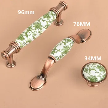 

96mm Europe style white and green porcelain furniture handle red bronze cabinet drawer pull knob antique copper dresser handle