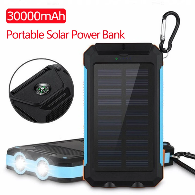 

30000mAh Solar Power Bank USB Powerbank Waterproof Battery External Portable Charging LED Light 2USB Outdoor Light Powerbank