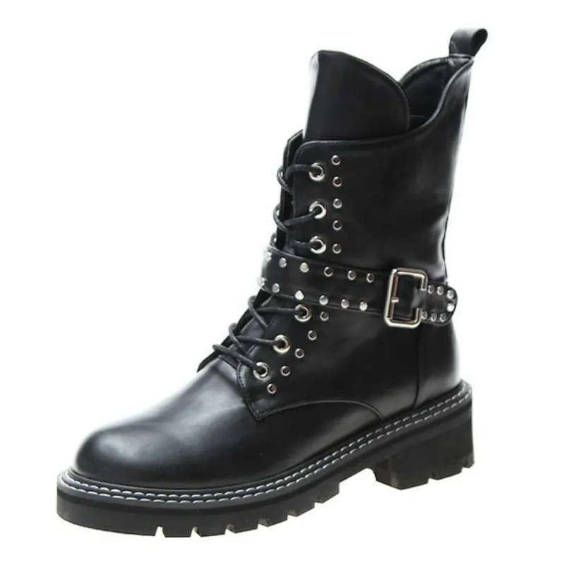 2019 New Women Black Ankle Boots Buckle Strap Rivet Shoes Female Pu
Leather Motorcycle Boots Autumn Gothic Punk Boots