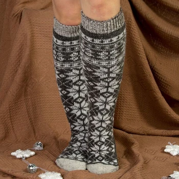 

Women's woolen knee-highs (half-sleeves) "Snowflake white", color gray