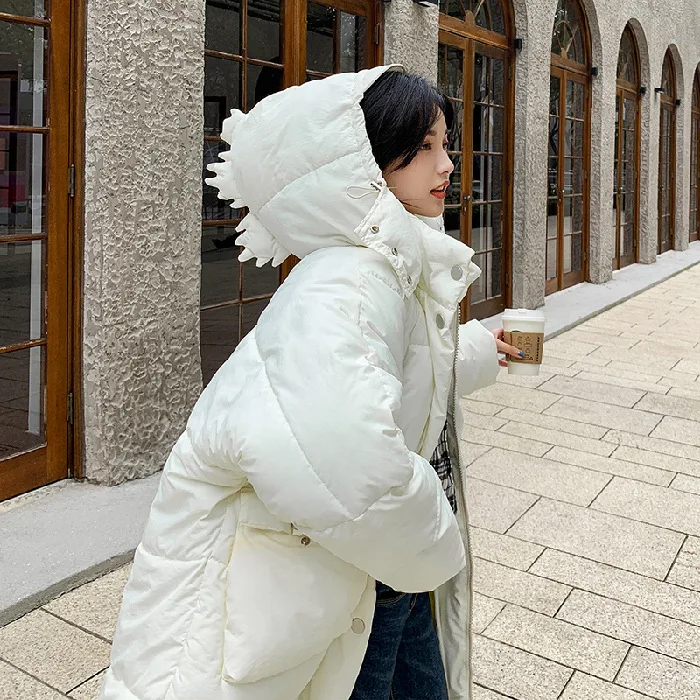 

Down Jacket Large Size Dress Long Loose-Fit INS down Coat Fashion Dinosaur Cap Splittable Fat Mm