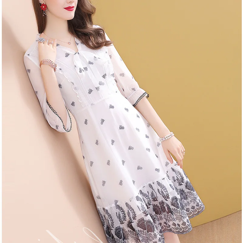 

White Printed Chiffon Dress Women's Spring And Autumn 2019 New Style Mid-length Elegant Popular Skirt-
