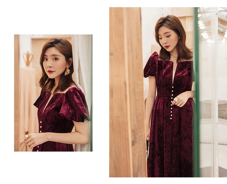 YIGELILA New Arrrivals Deep Wine Dress Solid O-neck Puff Sleeves Vintage Dress Short Sleeves With Button Mid-calf Dress 65336