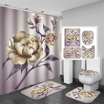 

New Peony Flower Floral Leaf Waterproof Polyester Bathroom Curtain Fabric for Bathtub Decoration Shower Curtains Set