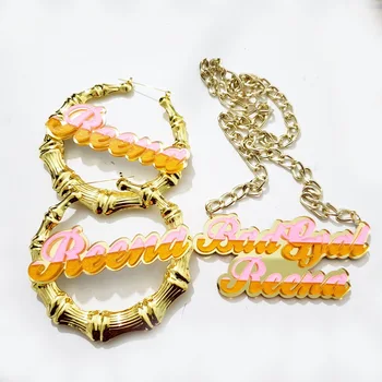 

Vintage Gold Silver custom name Earrings Fashion Hollow Letter customize Bamboo Hoop Earrings for Women