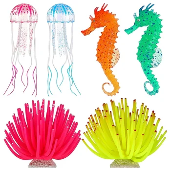 

6 Luminous Aquarium Decorations Set, Silicone Decorations, Artificial Anemones, Jellyfish, Seahorses