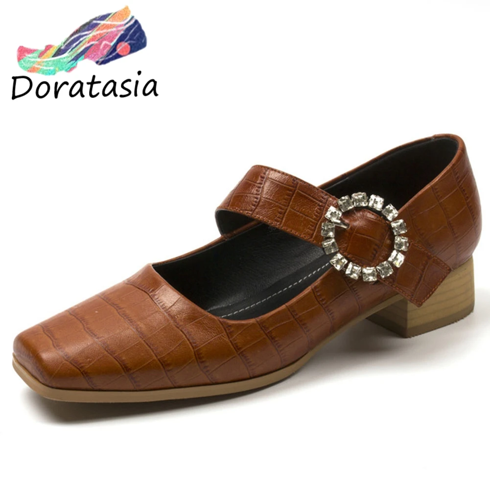 

DORATASIA Med Heels Mary Janes Pumps New Brand Design Square Toe Genuine Leather Pumps Women Daily Elegant Casual Shoes Woman