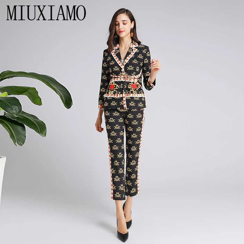 

MIUXIMAO Top Quality 2019 Fall Office Lady Suit High Street Style Long Sleeve Flower Print Jacket + Elegant Pants Twinset