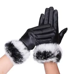 Зимние элегантные теплые кожаные перчатки кролика для вождения Мягкие Митенки женские перчатки для сенсорного экрана