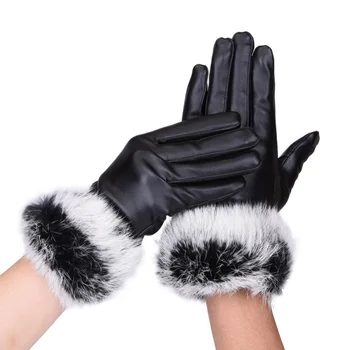 

Winter Elegant Rabbit Leather Gloves Warm Driving Soft Mittens Wrist Female Touched Screen Gloves