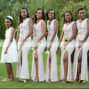 

High Slit White Mermaid Bridesmaid Dresses Deep V-neck Sleeveless robe de soirée de mariage Simple Long Dress For Wedding Party