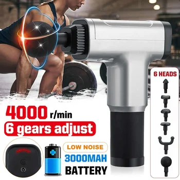

6 Gear Massage Guns Fascia Massager Muscle Percussion Therapy Pain Relief Relax Silver 4000r/min 3000mAh Rechargeable Massager