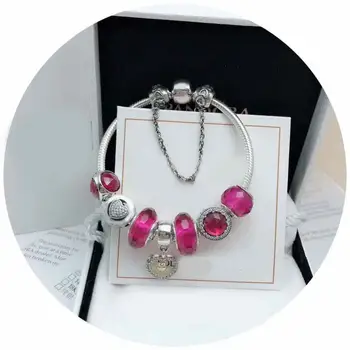 

High Quality 1:1 100% 925 Pure silver peach enamel heart accounts for heart freight bracelet free