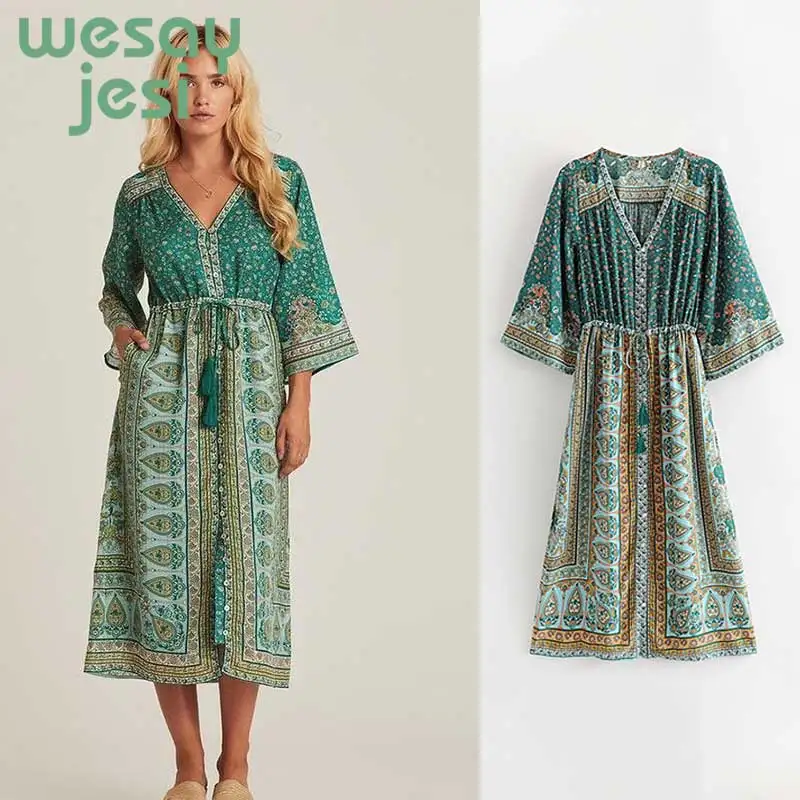 

Women Bohemian Dress floral print tunic dresses flare Sleeve v-neck Drawstring waist women beach party women dresses