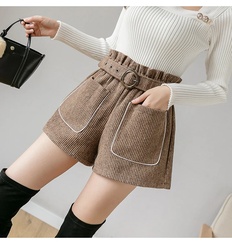 Trytree Autumn Winter woman Casual Shorts Loose Belt Pockets High waist Solid 3 Colors Fashion All-Purpose Style Short