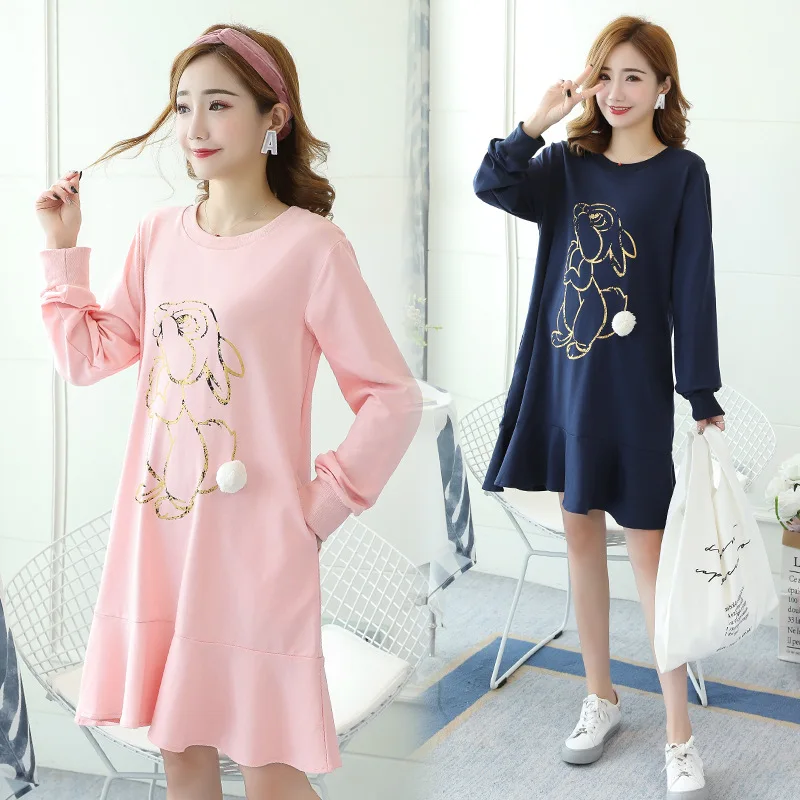 

Maternity Clothes 2018 Autumn Korean-style New Style Printed Cartoon Rabbit Mid-length Pregnant Mother Nursing Loose-Fit Pregnan