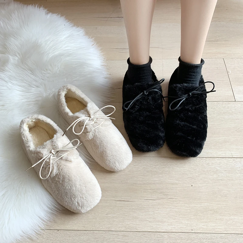 Solid brief furry shoes woman lace-up comfy flats velvet plush warm loafers femme round toe moccasins brand korean lazy footwear