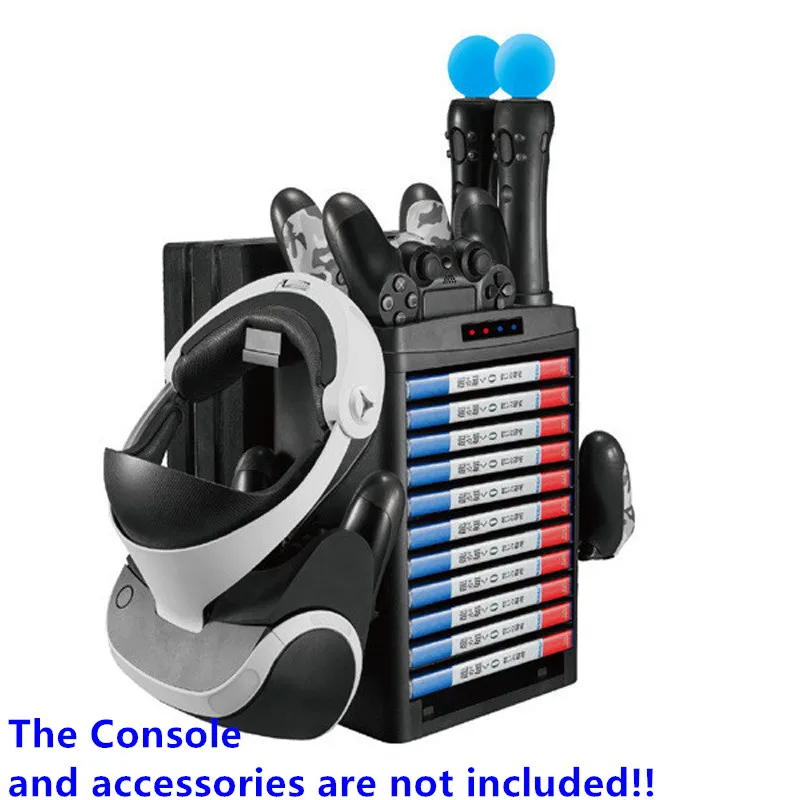 PSVR PS4 Pro Slim PS Move Charging Dock Vertical Stand and PS4 Game Storage TowerFan Cooler Control