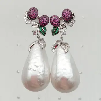 

Teardrop White Sea Shell Pearl Cubic Zirconia Pave silver color plated Stud Earrings for Women Summer Beach Jewelry