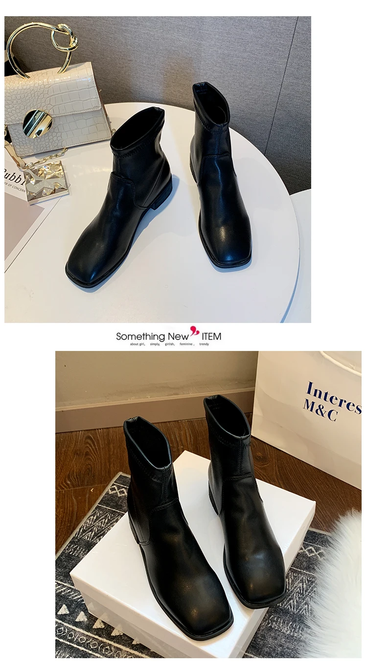 Black Beige Leather Women Knee High Boots Square Head Footwear Low Heels Female Motorcycle Boot Shoes Woman Winter New