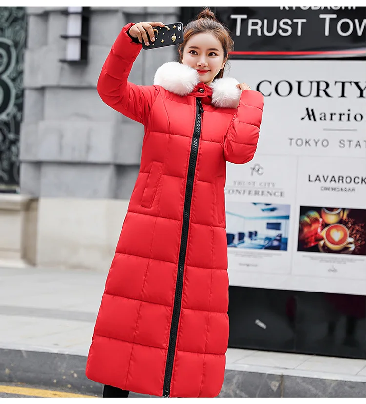 Зима, стиль, женская одежда на Хлопчатобумажной Подкладке, корейский стиль, X-long, уплотненный, большой меховой воротник, выше колена, большой размер Sl