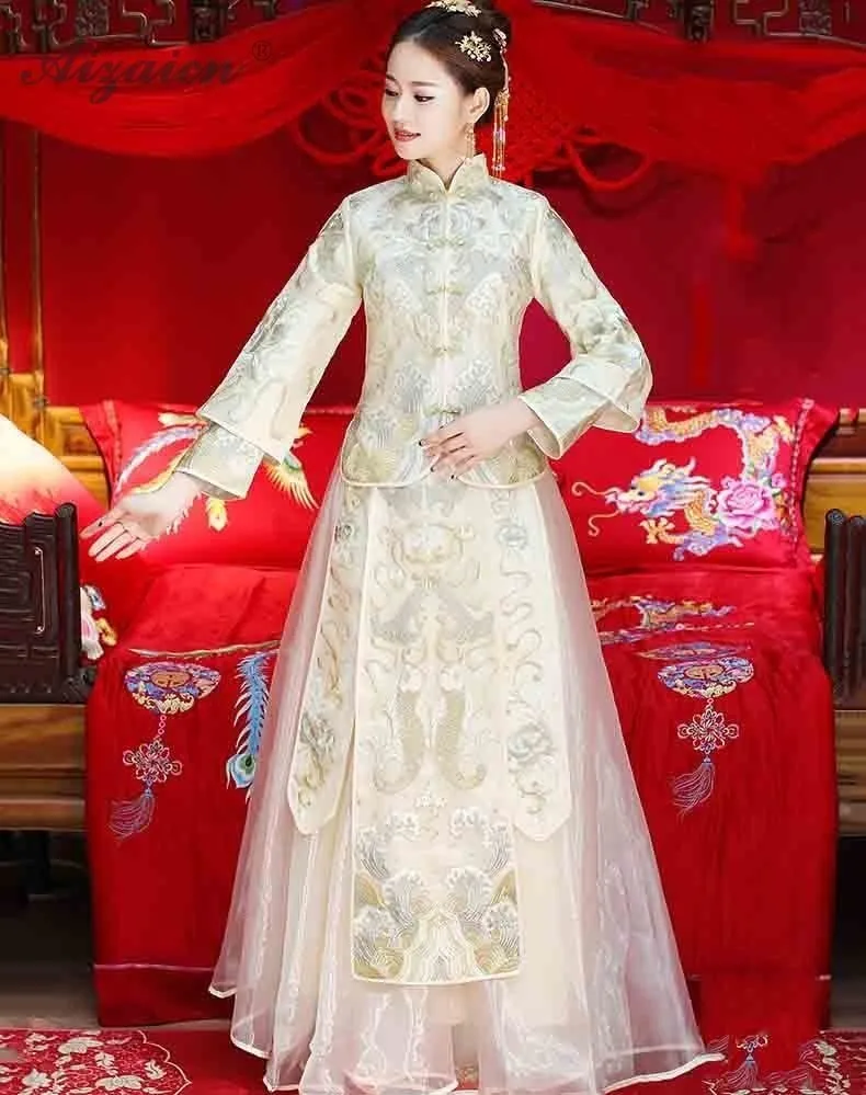 Весна 2019, цвет шампанского, Cheongsam, Китай, платья с длинными рукавами, Qi Pao, женское китайское свадебное платье, Ципао, современное платье