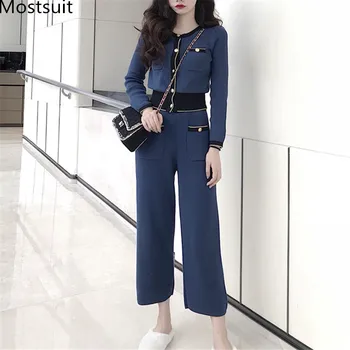 

2019 Autumn Winter Knitted Vintage 2 Piece Sets Women Single Breasted Cardigan Tops + Wide Leg Pants Suits Elegant Fashion Sets