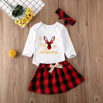 

Pudcoco Newborn Baby Girl Clothes My 1st Christmas Print Long Sleeve Romper Tops Plaids Mini Skirt Headband 3Pcs Outfits Set