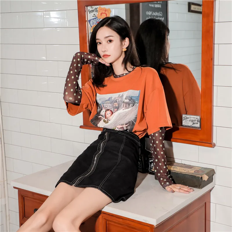 CHEERART Fake 2 Piece Graphic T Shirts Mesh Long Sleeve Top Women Tshirt Loose Fashion T Shirt Orange Tee Shirt Femme Clothing