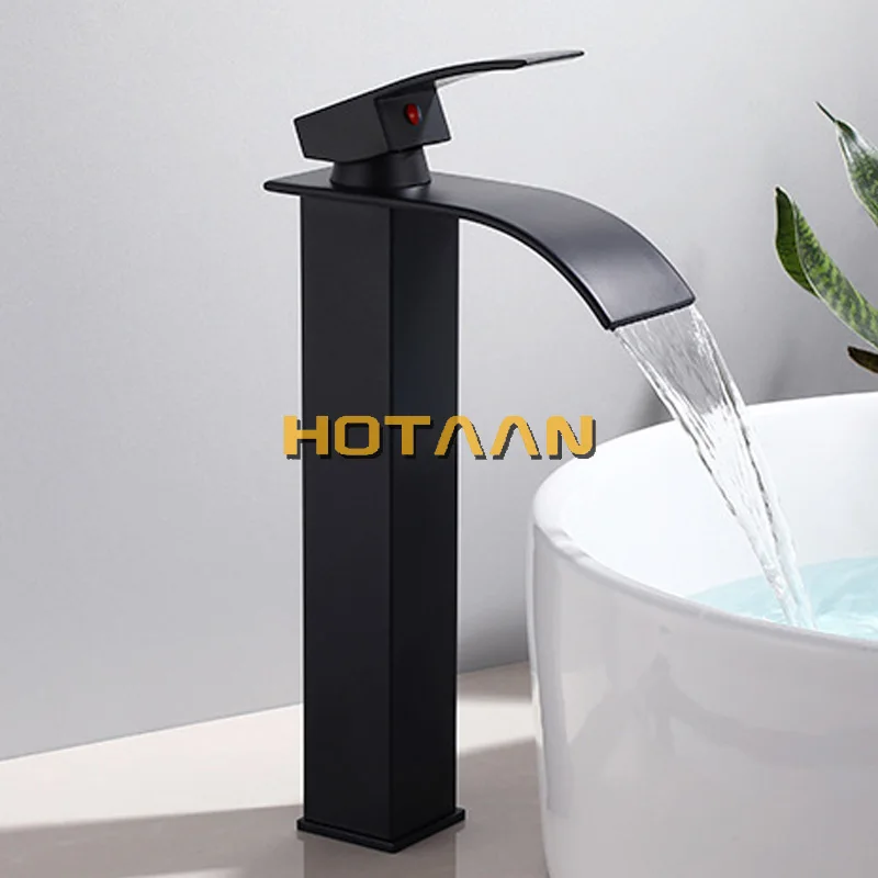 Waterfall Brass Basin Faucet Deck Mounted Single Lever Single Hole Cold&Hot Bathroom Mixer Black Plated