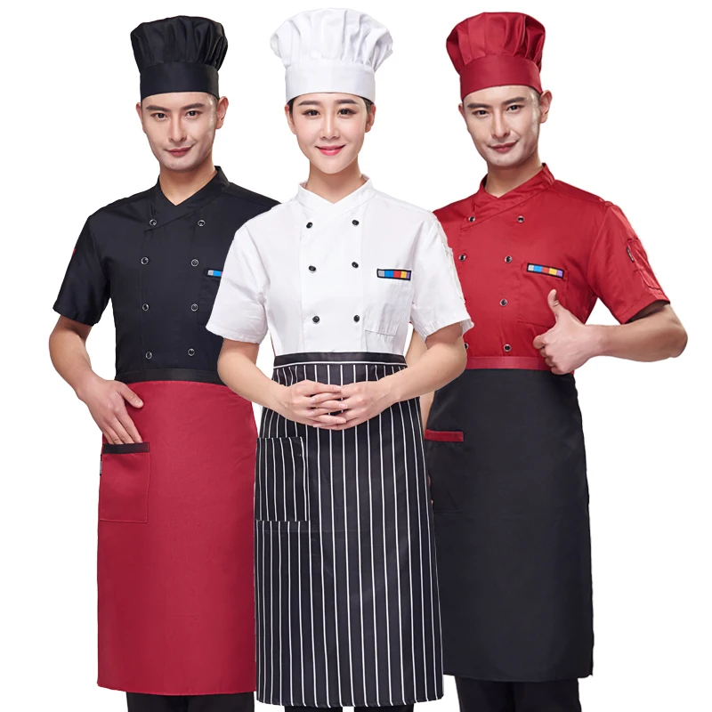 Chef Uniform Unisex Restaurant Kitchen Breathable Double Breasted Shirt Chef Jacket+cap+apron work short sleeves clothes for men