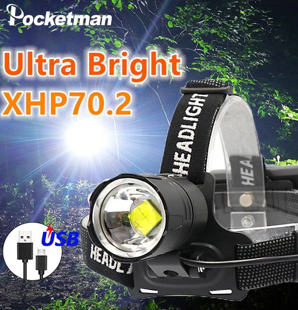 Светодиодный налобный фонарь XHP 70.2 XHP50 для рыбалки и кемпинга мощный с зумом USB