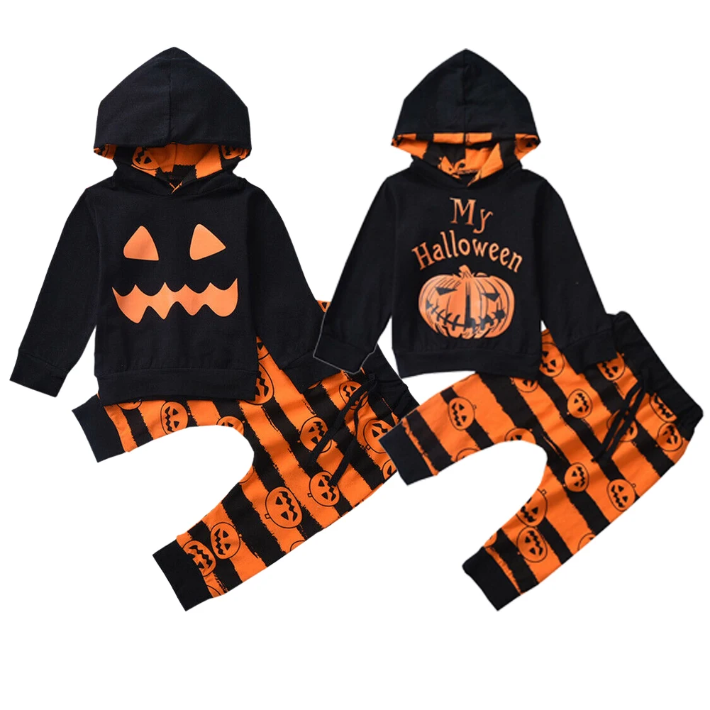 

0-4Y Toddler Kids Boy Girl Long Sleeve Hooded Tops Striped Pant Trouser 2PCS Outfits Halloween Clothes