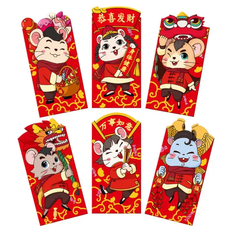 

6pcs/set Chinese New Year Red Money Envelope Year of the Rat Packet Bag Spring High Quality and Brand New
