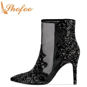 

Black Ankle Boots High Thin Heels Woman Pointed Toe Booties Large Size 15 16 Ladies Fashion Zip Rhinestone Crystal Shoes Shofoo
