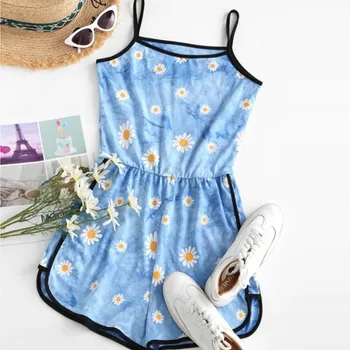 

Fashion jumpsuit ladies summer 2020 sleeveless jumpsuit holiday mini drawstring short daisy print jumpsuit beautiful