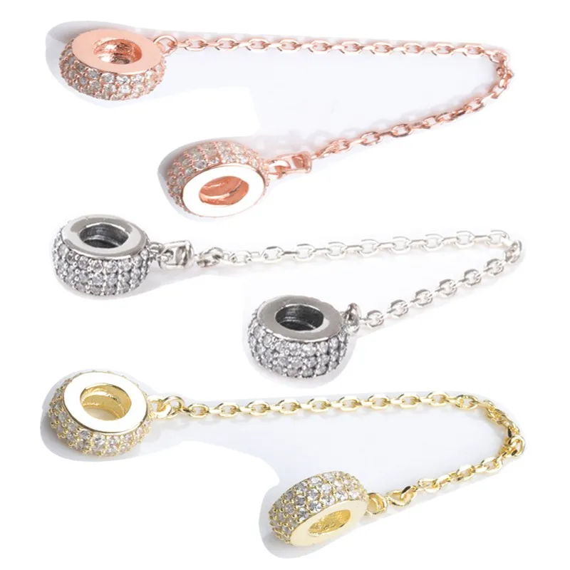 

Original 925 Sterling Silver Tricolor Circle With Crystal Cz Safety Chain Fit Pandora Women Bracelet & Necklace Diy Jewelry