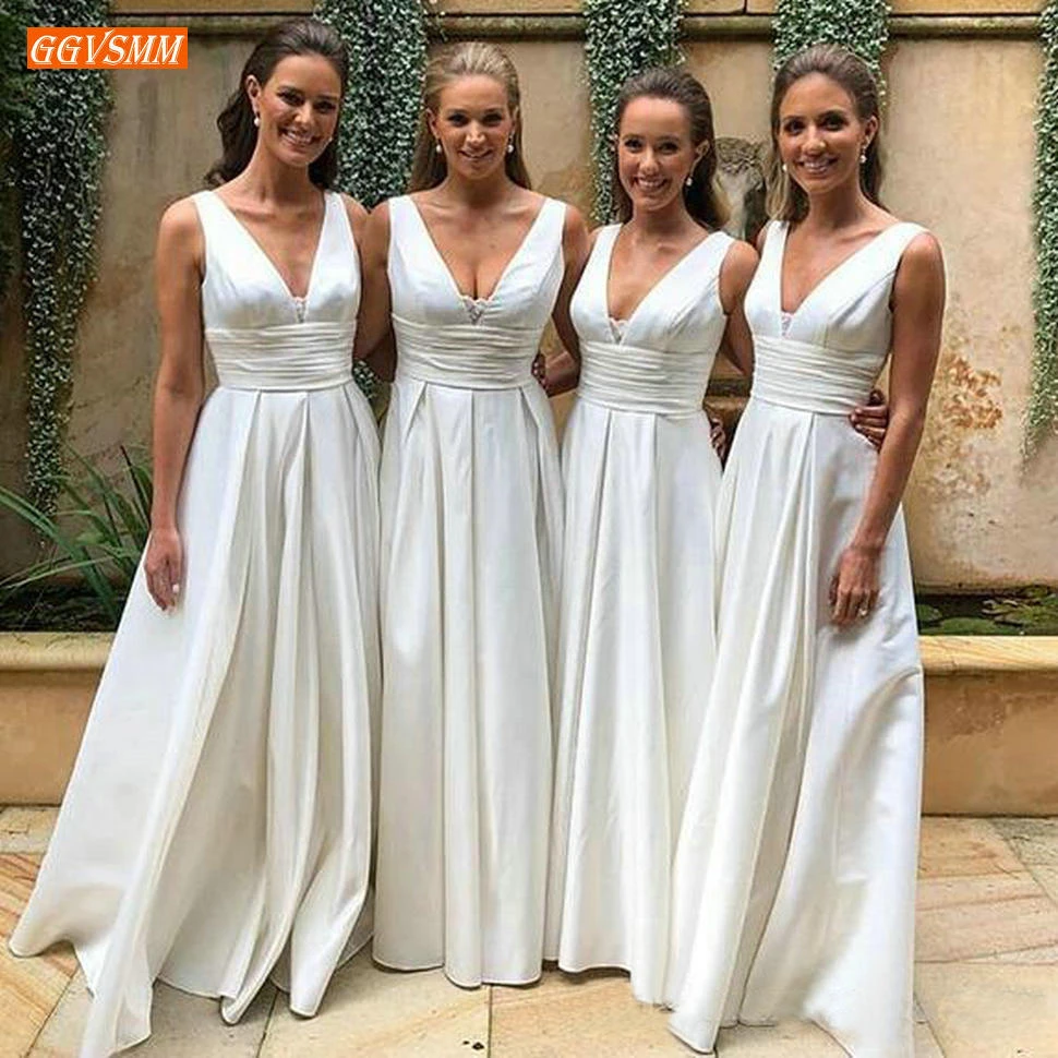 

Simple V Neck Bridesmaid Dresses Long Satin Ruched Sashes A Line Wedding Guest Maid Of Honor Dress custom made Bridesmaids Gowns