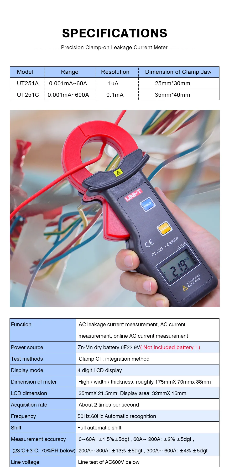 UNI-T UT251A UT251C RS-232 Auto Range High Sensitivity Leakage Current Clamp Meters with 99 Data Logging Ammeter Multitester
