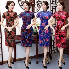 Перекрестная граница стиль бархат Cheongsam ретро Мода среднего возраста женское платье Улучшенный чёнсам платье женская