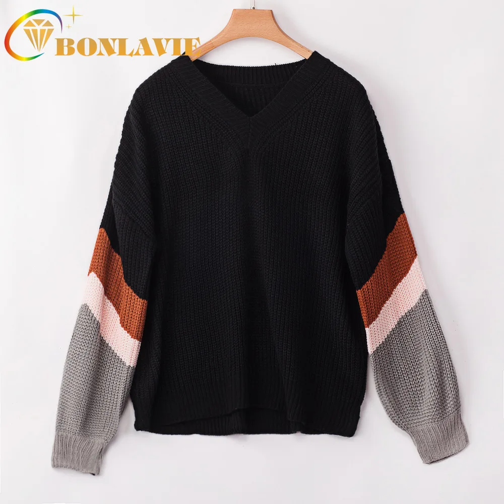 2019 New Fall and Winter Sweater Fashion Three Color V-collar Stitching Knit Sweaters Women's Clothing Full Sleeve Pure | Женская