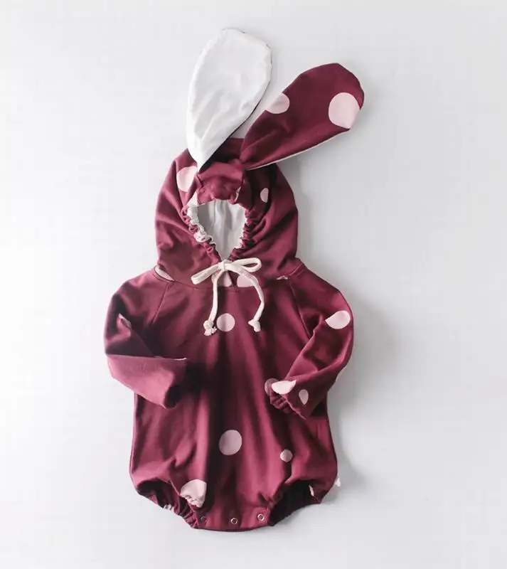 wine red Детский комбинезон с большими ушами; Новинка года; Милый хлопковый костюм принцессы в горошек с длинными рукавами; гимнастический костюм детская одежда От 0 до 2 лет; E92014 - Цвет: wine red