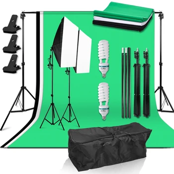 

Photography Lighting Softbox 135W Lamp Bulb 2*2m Background Support System Black White Green Non-woven Fabric Backdrop Cloth