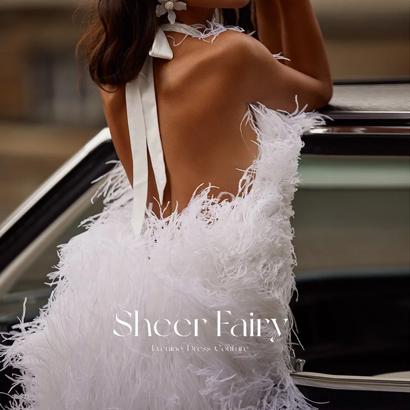 mini prom & dance dresses Luxury White Ostrich Feather Short Prom Dresses 2022 Sexy Halter Backless Mini Birthday Cocktail Party Dress Homecoming Gowns plus size prom dresses
