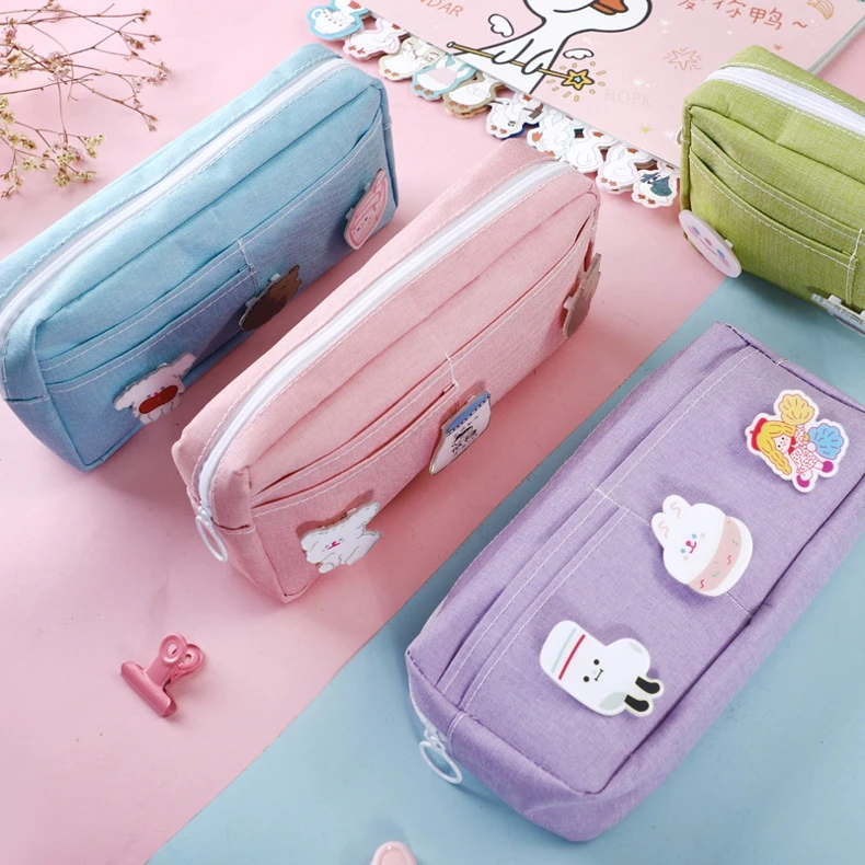 Kawaii Purple Canvas Pencil Case Cute Animal Badge Pink Pencilcases Large School Pencil Bags for Maiden Girl Stationery Supplies