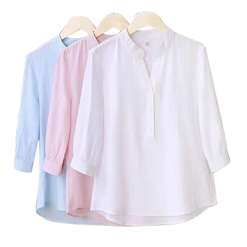 InstaHot Half Sleeve Elegant Shirt White Pink Button Vintage Blouse Stand Collar Ladies Cotton Shirt Female Casual S-3XL