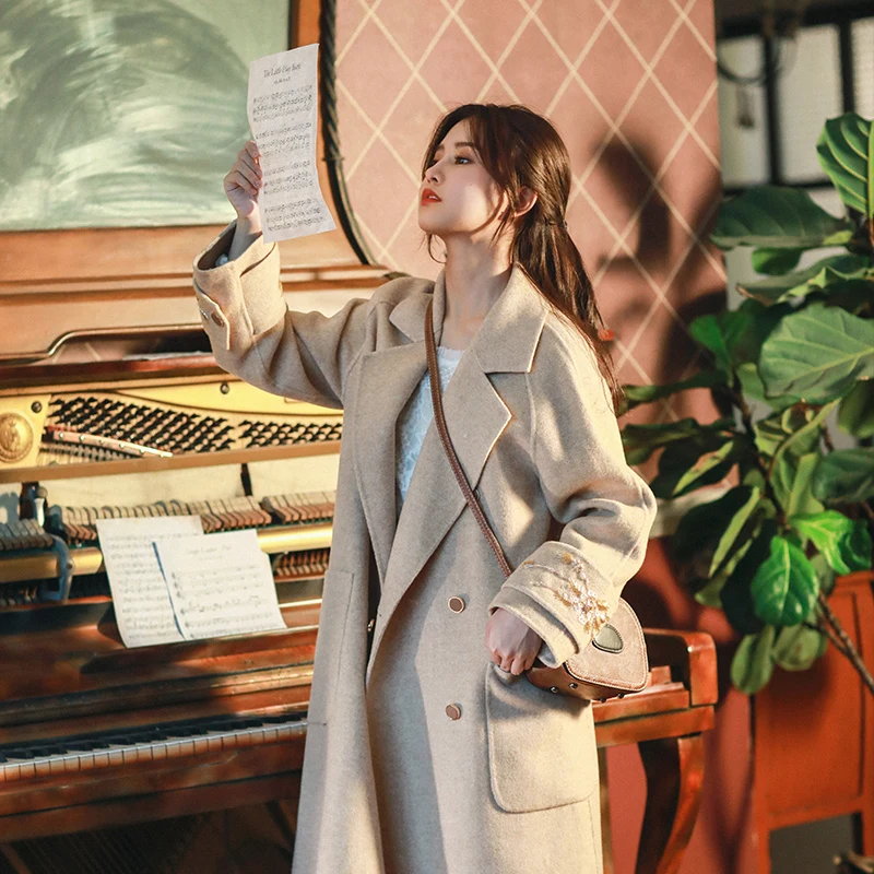 Женское осеннее зимнее Элегантное повседневное свободное двубортное шерстяное длинное пальто Корейская двубортная одежда ручной работы с вышивкой бисером
