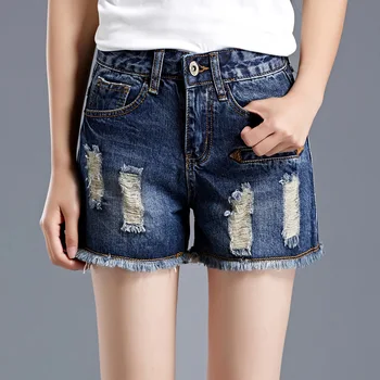 

KJA196 High Waist Women Denim Shorts Female Big Size Hole Hot Jeans Knickers Straight Trousers Short Feminino Cintura Alta