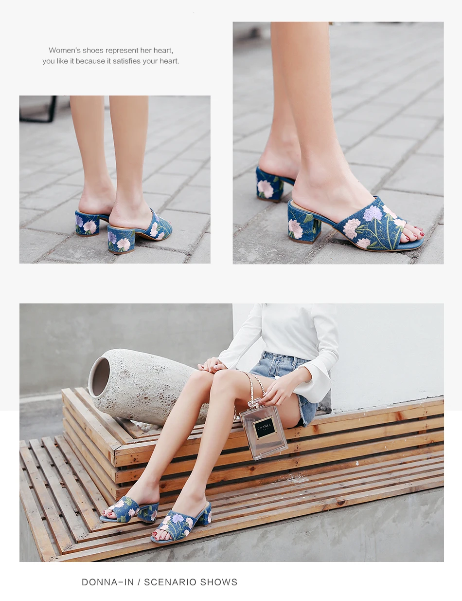 Donna-in/; брендовые летние женские Вьетнамки; пляжные сандалии-шлепанцы с открытым носком на высоком каблуке с вышивкой; модная женская обувь из джинсовой ткани