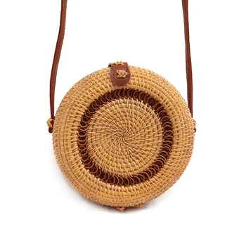 

New Women Handmade Woven Round Straw Bags Summer Beach Style Handbags Bohemian Rattan Crossbody Bags Beach Circular Bags